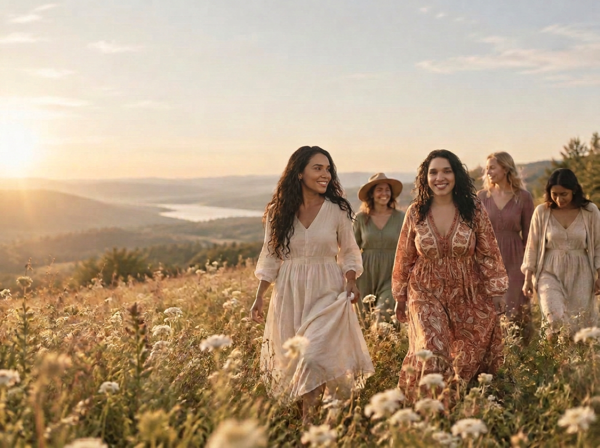 Women walking together through a sunlit wildflower meadow